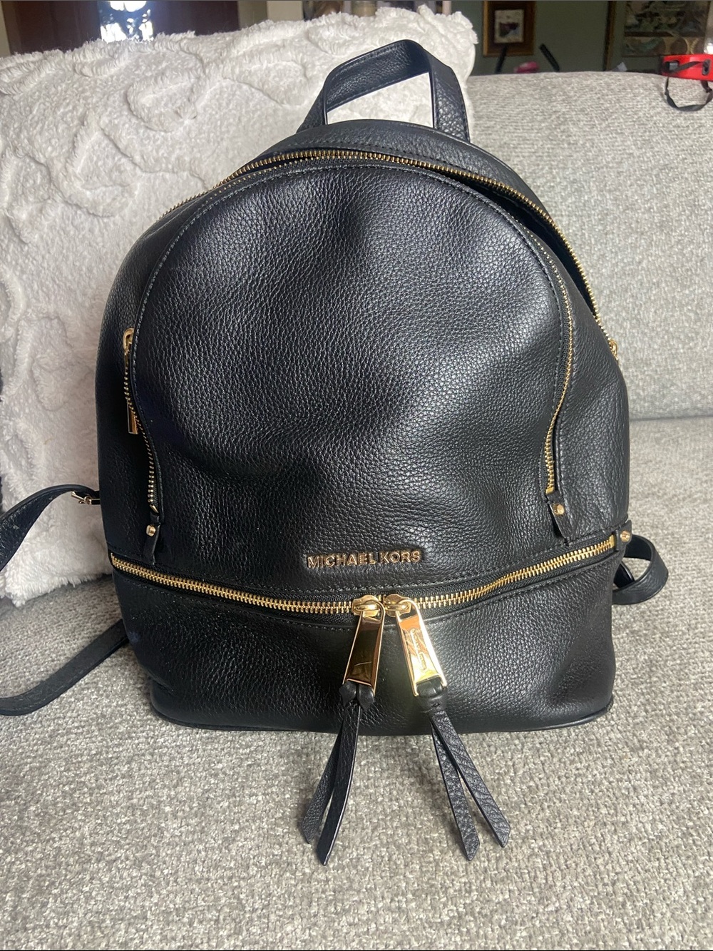 Michael Kors Black Pebbled Leather Backpack with Gold Hardware Accents - Picture 10 of 10